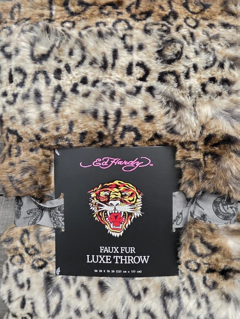Set Of 2 Ed Hardy Faux Fur Luxe Throw Blankets Leopard & Tiger Print